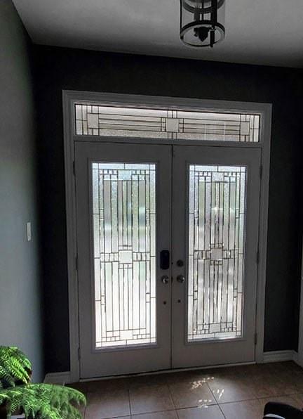 Moderna vertical Prairie stained glass with transom